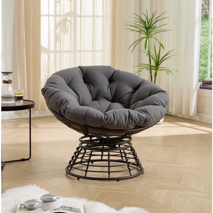 Fauteuil Papasan 92x67 cm EVRYAE - mouvement pivotant 360 silencieux coussin épais et structure en acier avec rotin PE - Gris