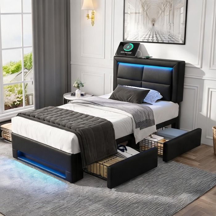 Lit gigogne 90x200 cm en simili cuir noir avec USB LED et 4 tiroirs de rangement