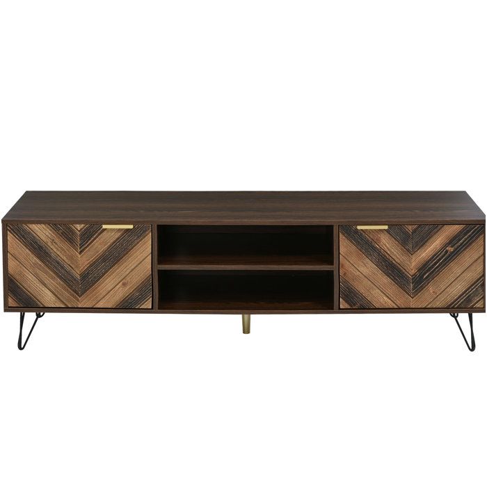 Meuble TV bas 155 cm – 2 portes niches ouvertes poignées dorées et pieds en métal