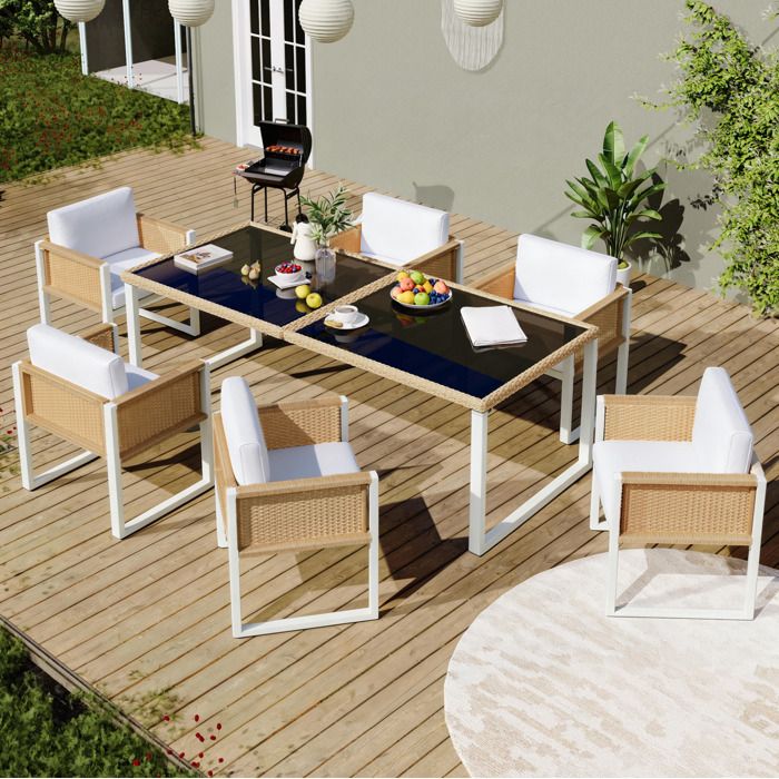 Ensemble repas de jardin 6 places en polyrotin – Table en verre trempé – Marron/Blanc