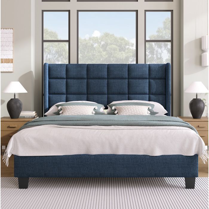 Lit Double Tapissé 140 x 200 cm Bleu En Lin Avec Tête De Lit Rembourrée Haute Et Sommier À Lattes En Bois Inclus Cadre En Acier
