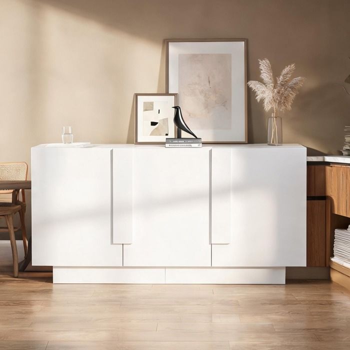 Meuble TV et buffet bas 160 cm 3 portes brillant soft white panneau de particules 6 niches de rangement style épuré