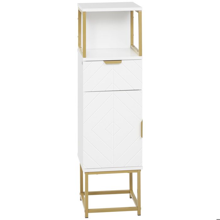 CollaHausse Colonne de Bain Blanche 30x30x105 cm en Bois et Métal avec Tiroir et Placard
