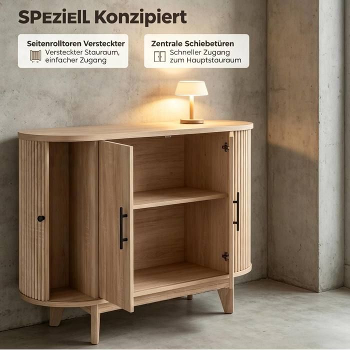 Buffet bas ovale 4 portes EVRYAE 90 x 40 x 76 cm avec etagere reglable meuble de rangement salon entree MDF naturel