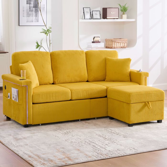 Canapé Modulable avec LED USB-C et Rangements - ELVMI - Porte-Gobelet en Velours Côtelé Jaune 194 × 73 × 81 cm