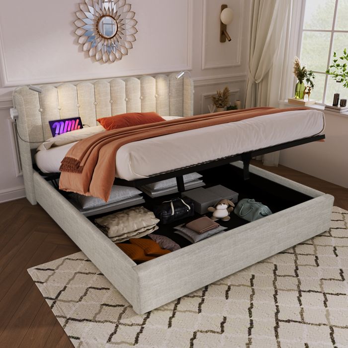 Lit coffre Double 160×200 cm avec USB Lampe de Lecture et Rangement Avec Matelas en Lin Beige et Fer