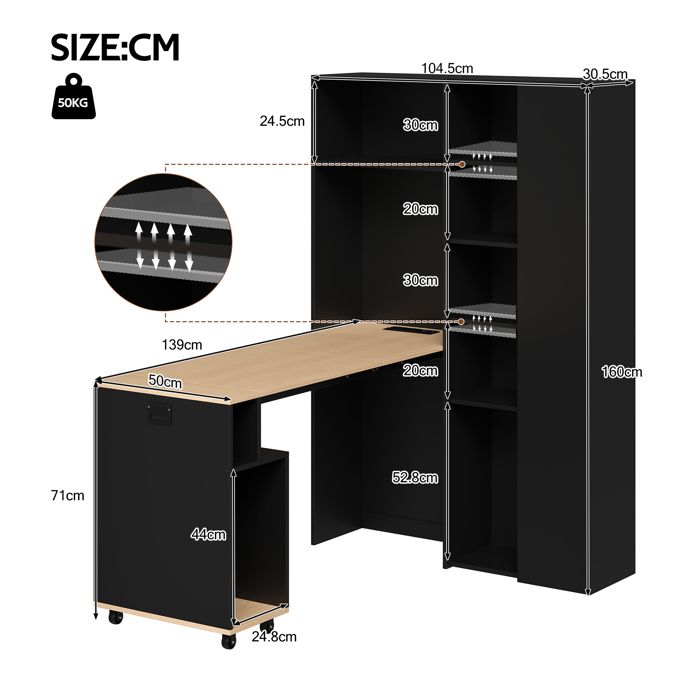 Secrétaire pliable 2-en-1 avec étagères prise EU et ports USB MDF noir et chêne