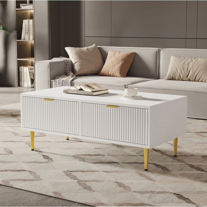 MEULVA Table basse blanche avec 2 tiroirs design moderne rainures verticales 100 x 50 x 40 cm
