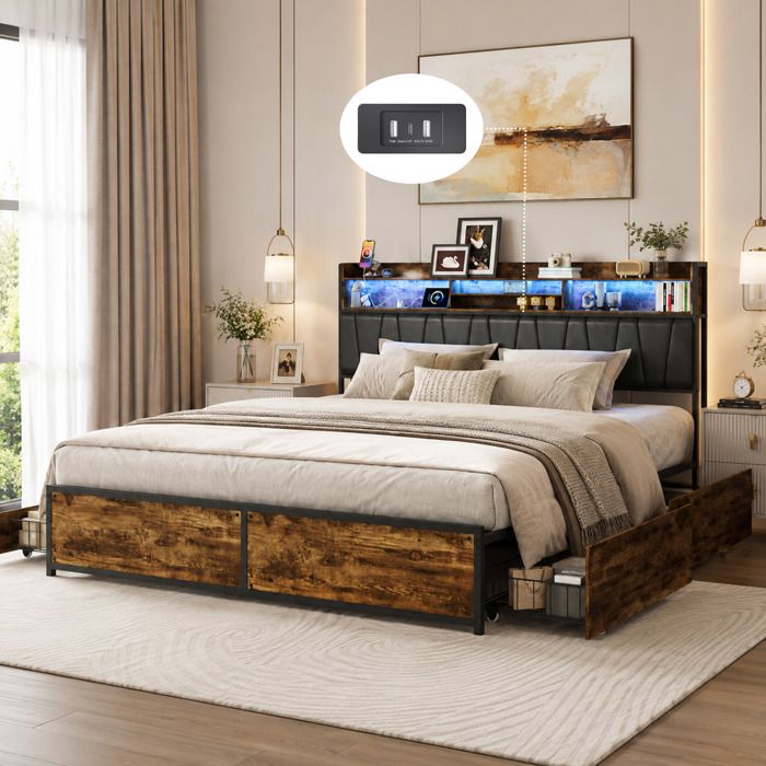 Lit Plateforme 180x200 en Métal 4 Tiroirs sur Roulettes Tête de Lit Étagère Prise USB Tpye C LED RGB Mode MusiqueSommier Inclus