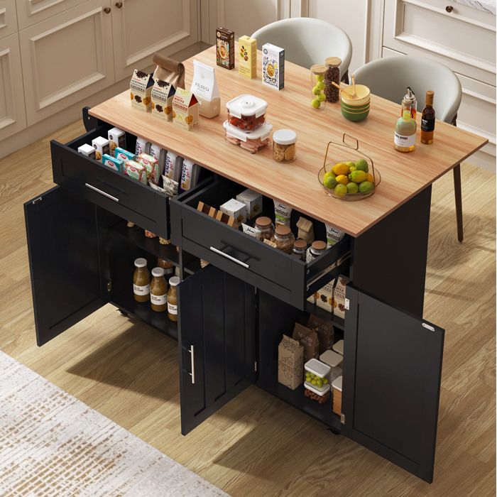 Desserte de Cuisine avec 2 Tiroirs 4 Portes Plateau Rabattable 5 Roulettes en MDF 129×46×91 5 cm Noir et Naturel