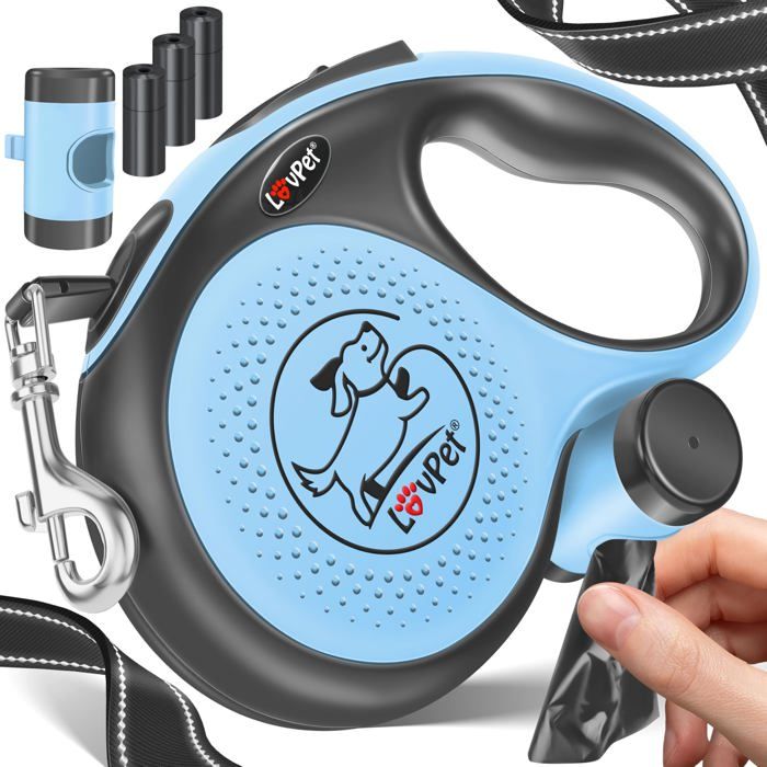Laisse à enrouleur pour chiens - LOVPET - Poignée ergonomique antidérapante - Rallonge de laisse 360° - Bleu - 3 mètres Laisse à enrouleur pour chiens - LOVPET - Poignée ergonomique antidérapante - Rallonge de laisse 360° - Bleu - 3 mètres