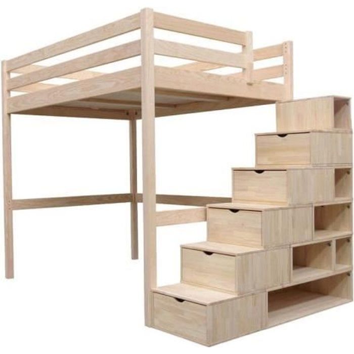 lit mezzanine sylvia avec escalier cube bois couleur brut dimensions 120x200 3760240540137 achat vente lit mezzanine cdiscount