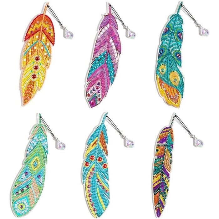 6 Signets Diamond Painting Personnalisés – Motifs Plumes Colorés, Kit DIY Avec Strass, Cadeau Créatif Pour Enfants Et Ados, Loisir Relaxant
