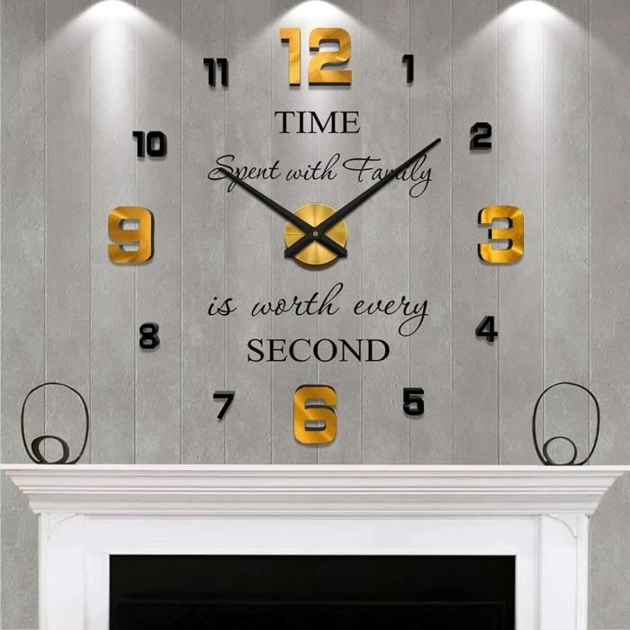 Horloge Murale 3D Géante Design - Cadran Noir Et Or - Diamètre Ajustable - Déco Moderne Salon/bureau - 14"