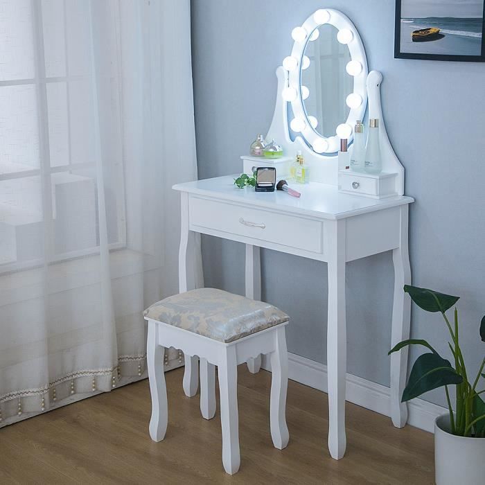 Coiffeuse Avec Miroir Ovale Et Ampoule Lumineuse Pour Maquillage