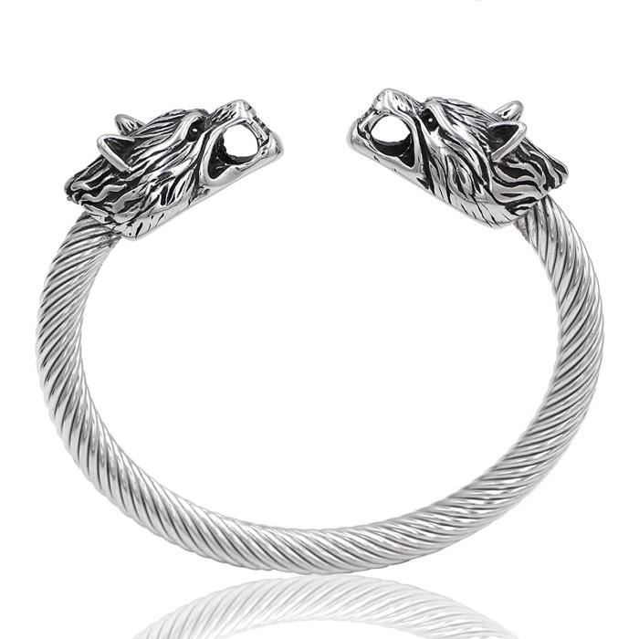 Bracelet Viking - Têtes De Loup En Argent Ancien, Acier Inoxydable, Fermoir Ajustable, Style Païen