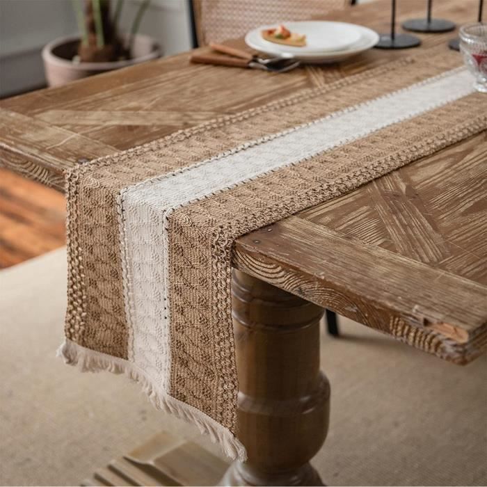 Chemin de table en lin rustique brodé avec pompons à la main, style ferme, long, fête  15
