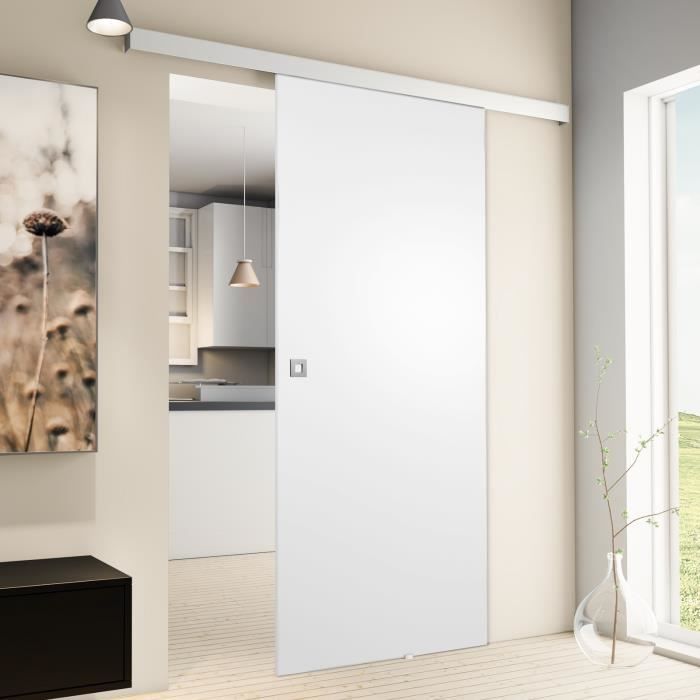 Porte int&eacute;rieure coulissante 90 x 203 cm bois blanc Poign&eacute;e carr&eacute;e 