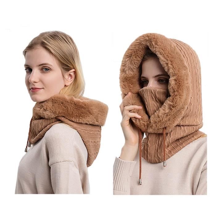 Bonnet d'hiver 2 en 1 pour femme, protège-cou tricoté, capuche