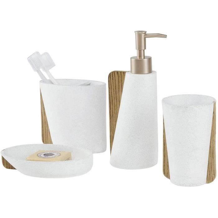 Set Salle de Bain 4 pièces Accessoire Salle de Bain Kit de Bain Bois