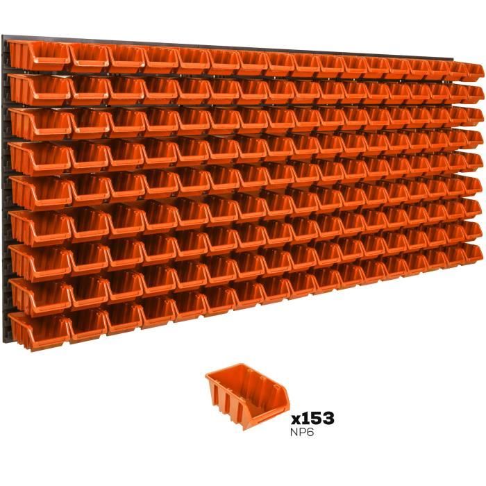 Lot de 153 boîtes S bacs a bec orange pour système de rangement 173 x 78 cm au garage