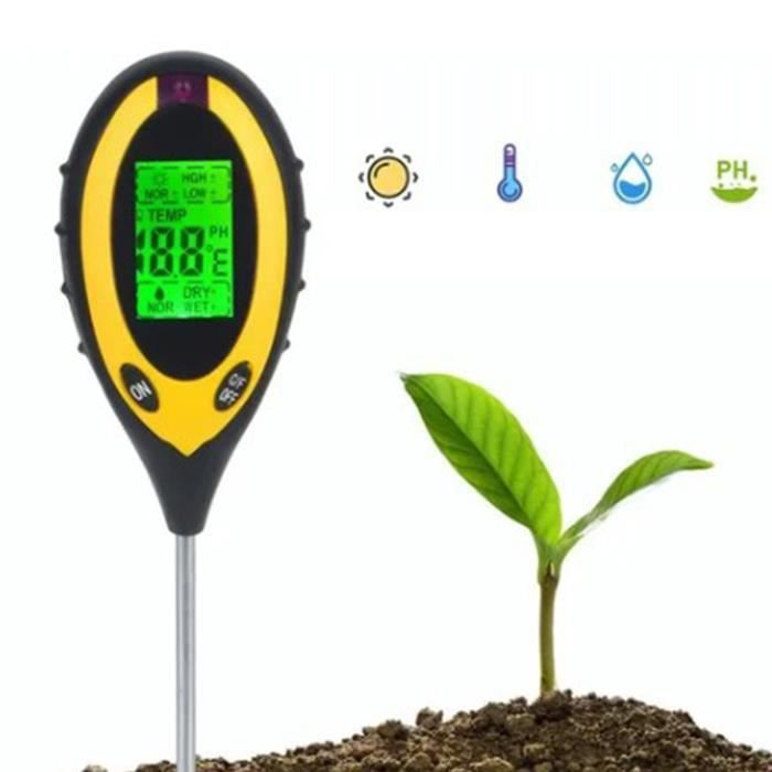 Testeur 4 En 1 Pour Plantes : PH, Humidité Sol, Température Et Lumière - LCD, Jaune, Fabriqué En Chine
