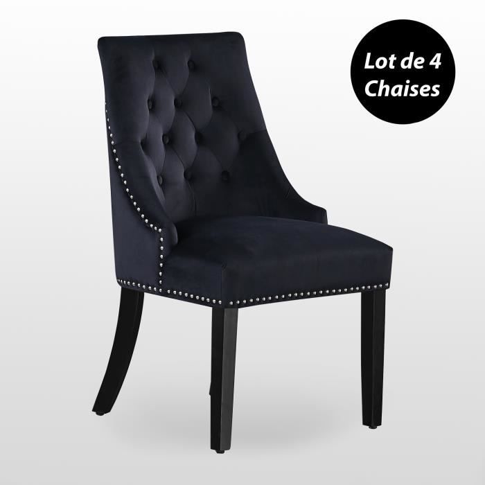 windsor - lot de 4 chaises capitonnées en velours noir  - style classique & design - pieds en bois - salle à manger, salon ou coiffe