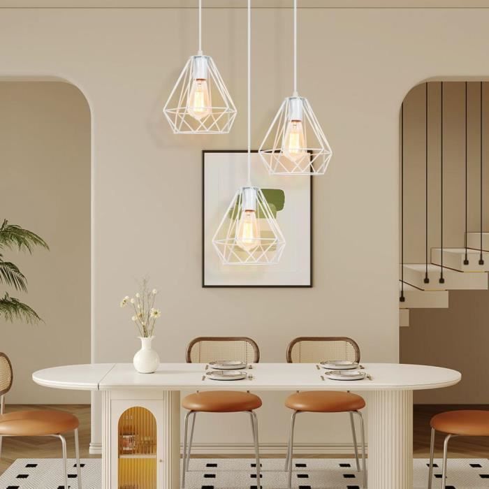 Suspension Luminaire Industrielle 3 Lampes - Style Rétro Vintage En Métal Blanc, Diamètre 20 Cm, Pour Salon Et Cuisine