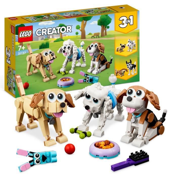 lego® creator 3-en-1 31137 adorables chiens, figurines de teckel, carlin, caniche, enfants dès 7 ans