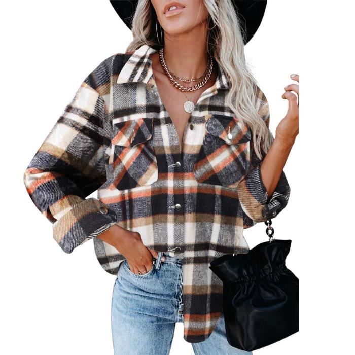 Dilwe chemise a carreaux a manches longues Chemise a Carreaux pour Femme Veste Chemise Chemisier Poche Poitrine lingerie manteau Brown Cdiscount Pret a Porter