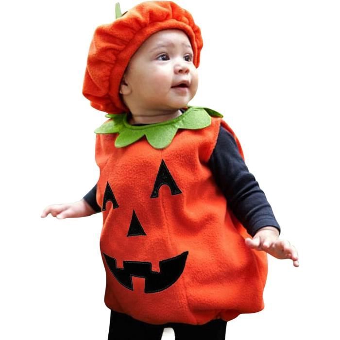 Combinaison Halloween Citrouille Enfant - Orange à Capuche - Style Grenouillère Noël - Taille L