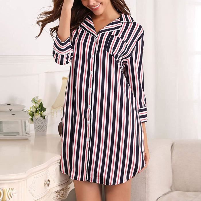 Femmes chemise de nuit Boyfriend robe Bouton rayé vers le ...