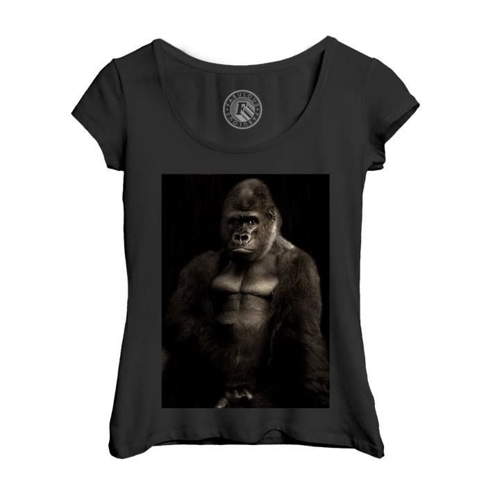 T shirt Femme Col Echancr Noir Portrait de Gorille Style Classe