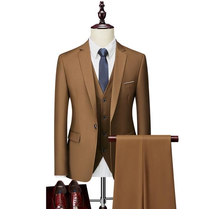 Costume homme marque de luxe costume homme trois pieces couleur unie costume de marie kaki SELL23435775 Kaki Cdiscount Pret a Porter