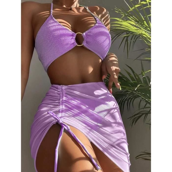 Maillot de bain 3 pieces pour femme Couleur unie Jupe en maille Bikini dos nu Taille haute Sexy Tenue de plage Violet Violet Cdiscount Pret a Porter