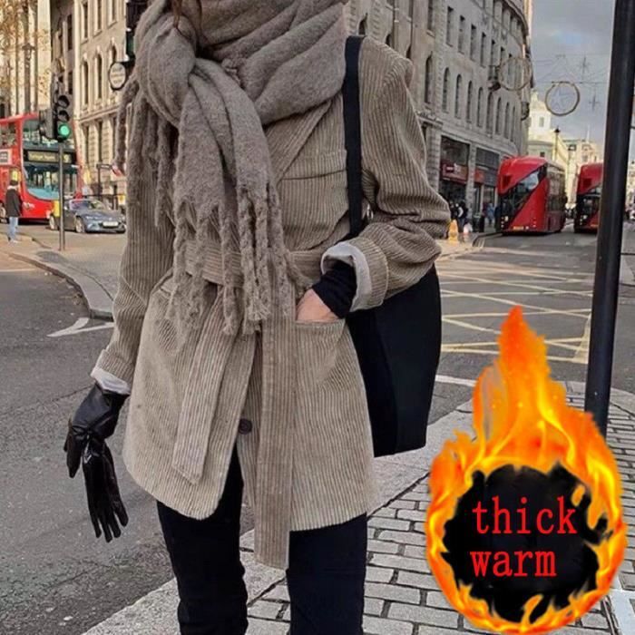 Manteau Vintage en velours c?�tel?� pour femmes - Streetwear - Blazer longue ceinture - Coffee 