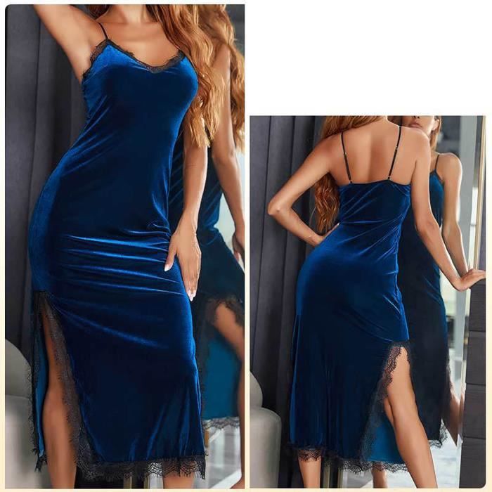 Chemise de nuit pour femmes Sexy dentelle Patchwork jarretelle jupe dormir jupe longue chemise de nuit Bleu fonce Bleu fonce Cdiscount Pret a Porter