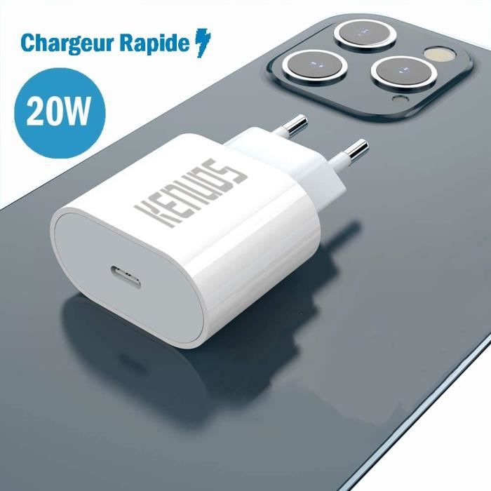 Chargeur Rapide USB-C 20W Blanc - Compatible IPhone 14/13/12/11 Pro Max, SE, XR, 8