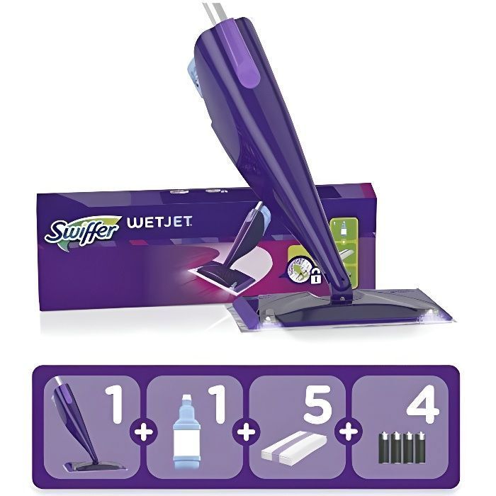 Swiffer WetJet Balai Spray, Kit complet 1 Balai Spray + 5 Lingettes + 1 Solution Nettoyante Liquide + 4 Piles