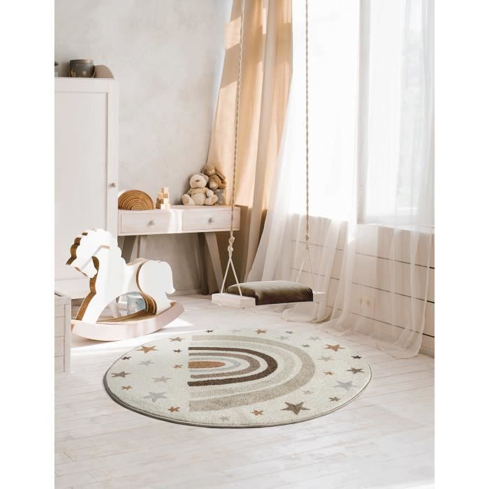 Tapis Enfant - The Carpet - Arc-en-ciel Crème - Rond 160x160 - Velours Doux