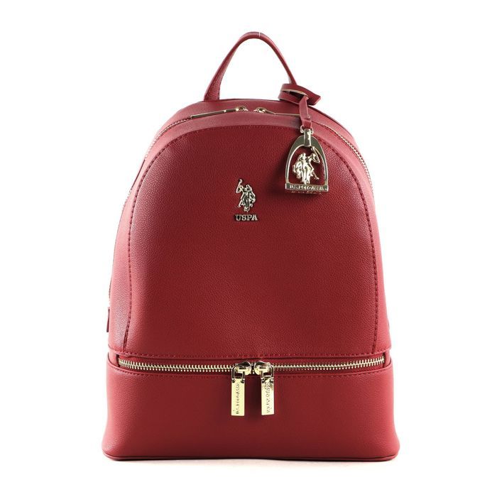 Un sac à dos rouge avec une étiquette blanche | Vecteur Premium