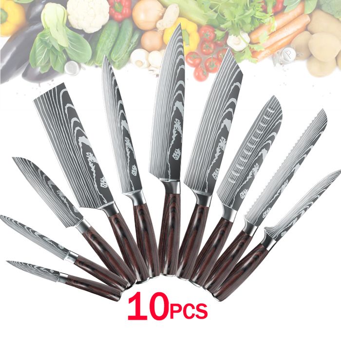 10PCS Couteaux Chef Set Ultra Sharp Couteaux japonais en acier inoxydable pour cuisine polyvalente Couteau de cuisine professionnel