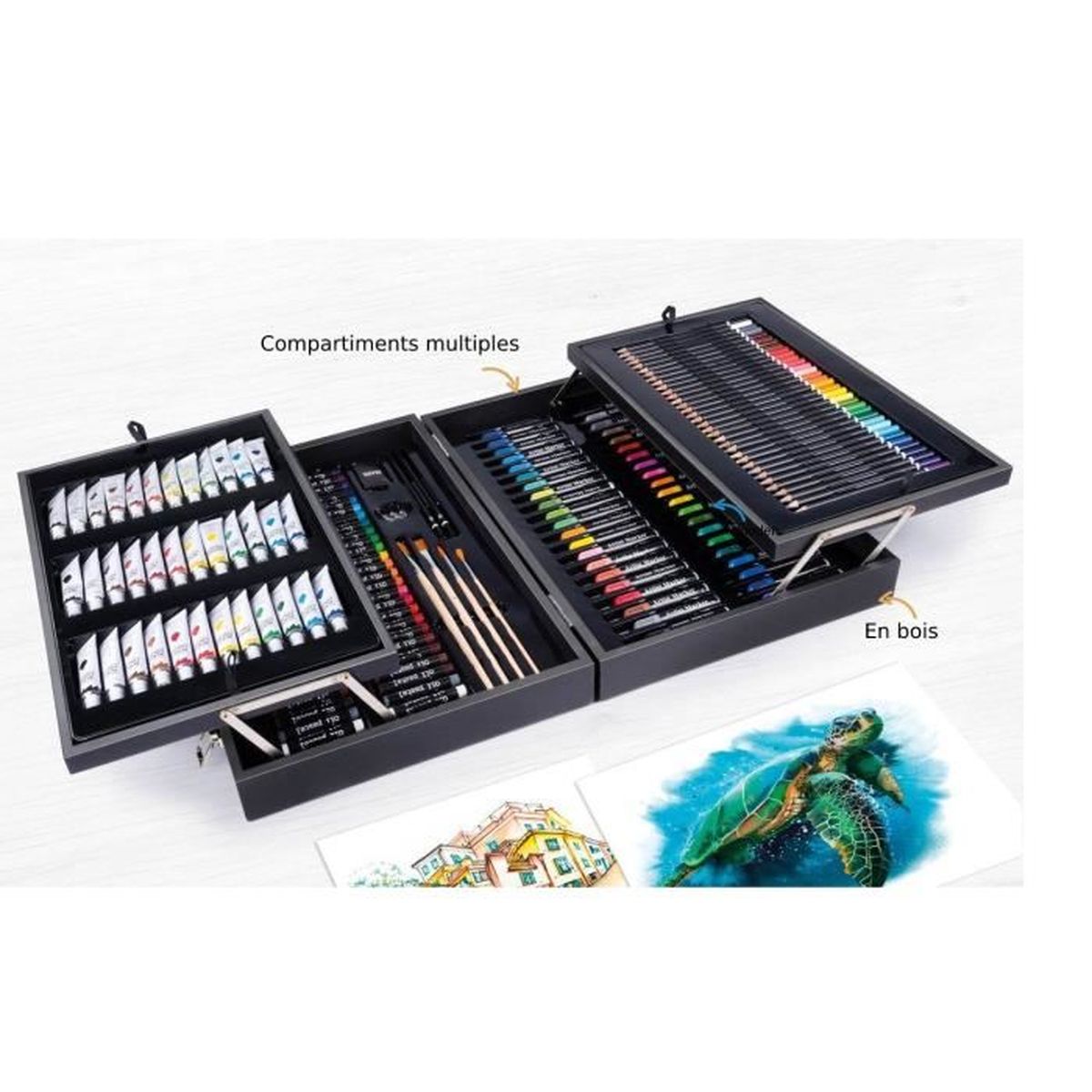 Coffret peinture 85 pièces chevalet 3 blocs à dessin crayons acrylique  pastels