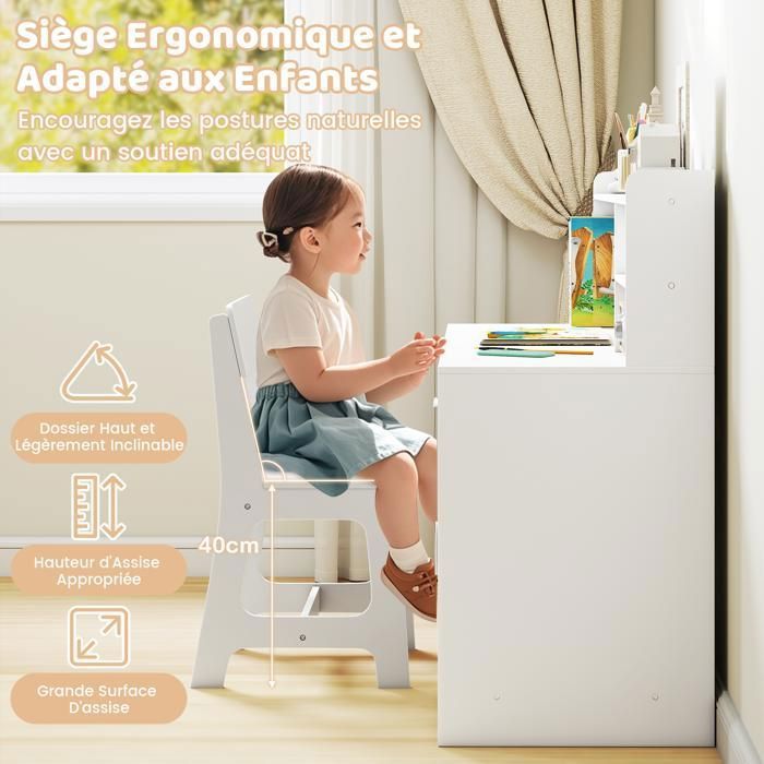DREAMADE Bureau Enfant Avec Chaise Ergonomique Et Étagère Ouverte, Armoire, Tiroir, Table D'Activités Pour Garçons Et Filles, Blanc, 79x34x91CM