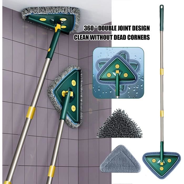 Balai Rotatif 360° Avec Manche Télescopique (78-170 Cm) - Tête Triangulaire Humide/sec - Pour Murs, Sols, Vitres, Voiture