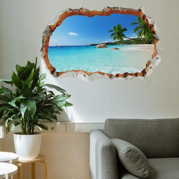 3D Stickers muraux ÎLE DE VACANCES (60x90 cm) I autocollant sticker mural  paysage plage mer océan palmier I Déco pour salon c[O362] - Cdiscount Maison