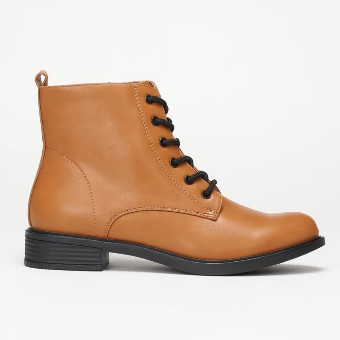 Bottines style rangers en simili marron lacets Femme Talon