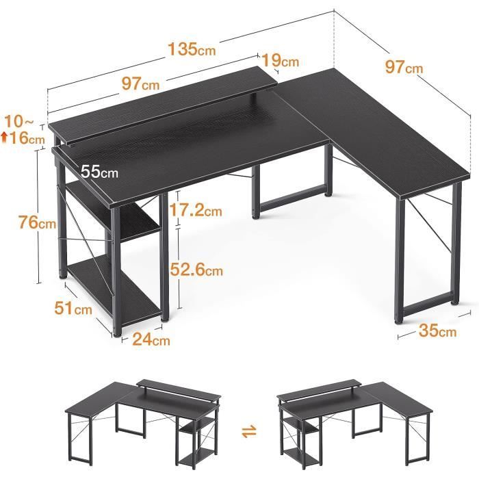 Bureau En L Avec Prises Et Bande LED - Bureau D'ordinateur Avec Tiroirs, étagères, Réversible