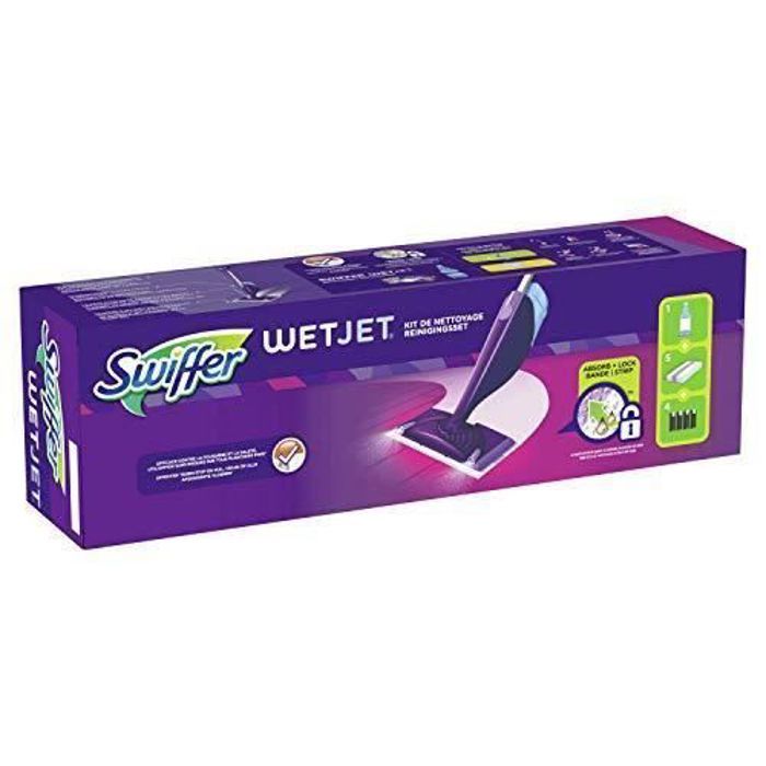 Accessoires de ménage Swiffer Wetjet wood balai spray kit complet avec 5  lingettes, 1 nettoyant liquide, 4 piles