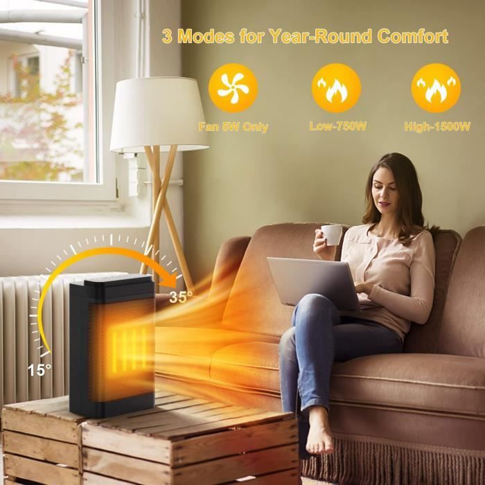 Chauffage Soufflant Électrique, 1500W PTC Radiateur Soufflant, 3 Modes